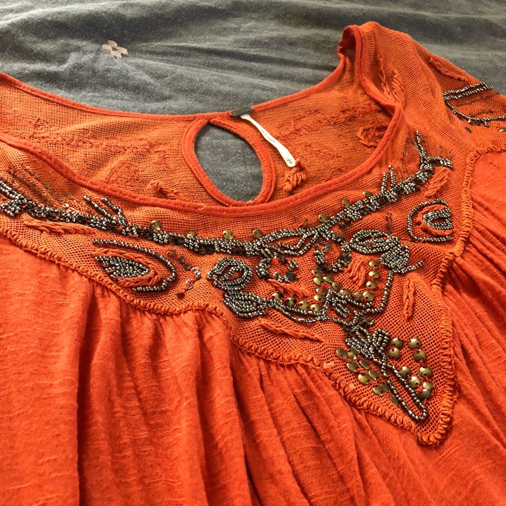 Free People | Orange Beaded Boho Shirt
